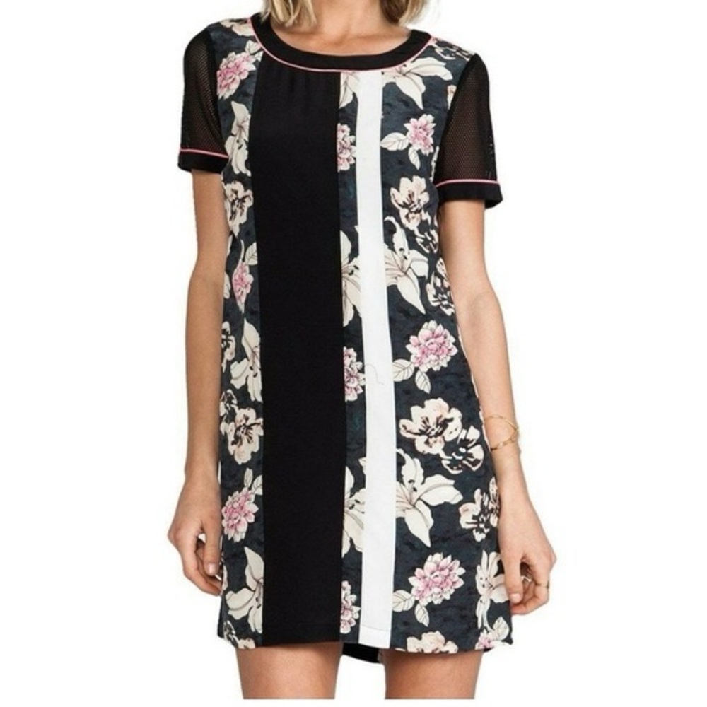 Elizabeth and James 100% silk Mod floral midi shift dress with mesh accents XS